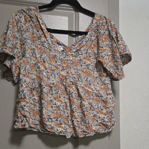 Chic Floral V-Neck Blouse - Orange and Gray